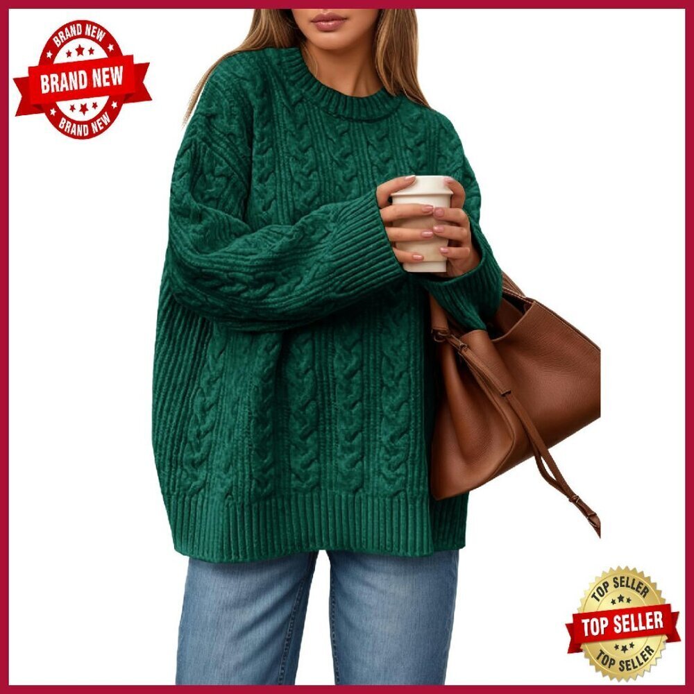 Oversized Cable Knit Sweater Chunky Pullover Crew Neck Long Sleeve